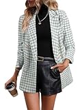 Happy Sailed Womens Tweed Blazer Jackets Long Sleeve Double Breasted Lapel Open Front Oversized Plaid Jackets Business Office Blazer Professional Outfits Green L