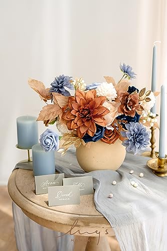 Ling's moment Fake Flowers Box, Faux Artificial Greenery Stems Foam Roses Gardenia Silk Dahlia Fabic Flower for Centerpieces Bouquet Wedding Vase Decorations, Burnt Orange & Navy, Grand Combo