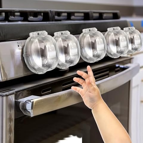 GRENFU Stove Knob Safety Covers (5 + 1 Pack) - Double-Key, Universal Size Gas Stove Knob Locks with Strong Double-Sided Tape, Heat-Resistant Oven Knob Covers for Child Safety/Pet Safety, Clear View Cover