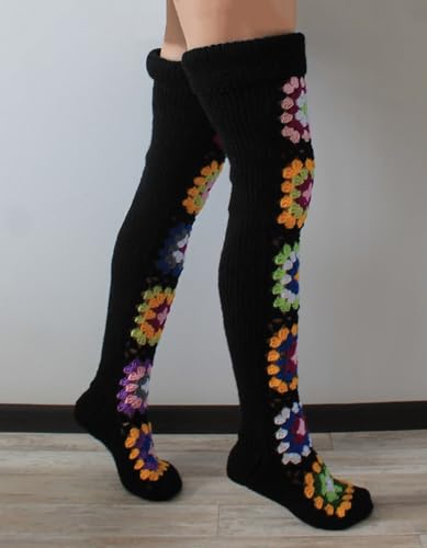 Image of Leoparts Crochet Thigh High Socks Granny Square Over Knee High Retro Knitted Stocking Colorful Leg Warmers