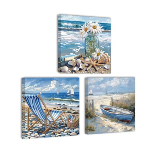 CHAOSETKEN Coastal Wall Art Bathroom Decor 3 Pieces Ocean Boat Canvas Pictures Beach Ocean Landscape Painting Prints Seaside Scenery Poster Framed (Blue,12.00" x 12.00" x 3PCS)