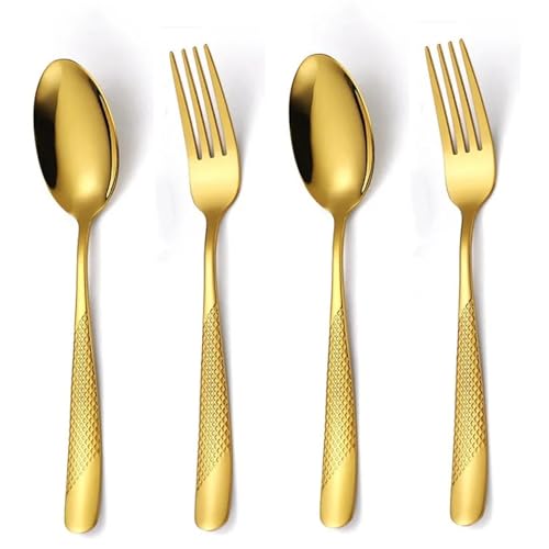 Image of Aurum Gold French Style Silverware | 4-Piece Hammered Cutlery Set | 2-Piece Dinner Fork & 2-Piece Dinner Spoon Set | Stainless Steel Flatware Elegant Dining for Home,Restaurants & Gifting