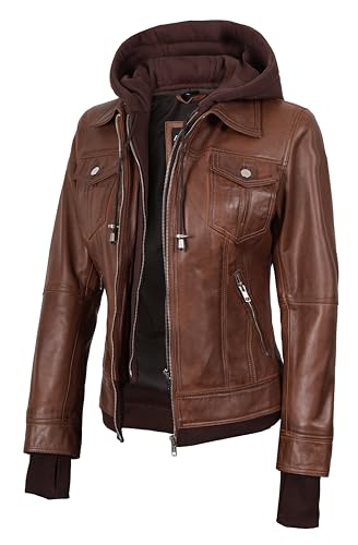 Image of Womens Leather Jacket with Detachable Hood - Real Lambskin Bomber Jacket Thumbholes Women