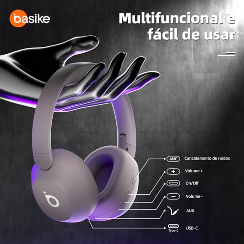 Basike Fone de Ouvido Bluetooth, ANC Cancelamento de Ruído Ativo Headphone Bluetooth 5.4 Headset com