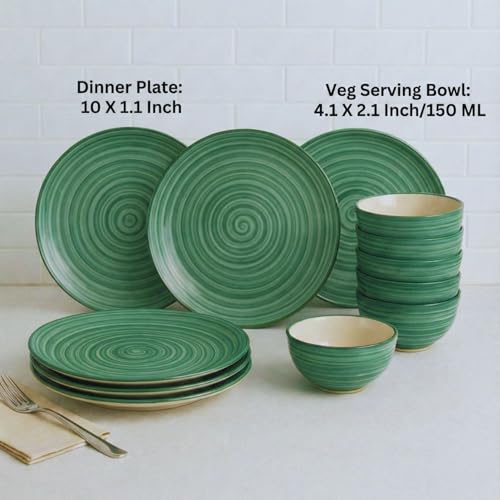 Image of Freakway Hand-Painted 'Sea Swirls' Ceramic Dinner Set of 12 Pieces | 6 Ceramic Dinner Plate and 6 Bowl /katori | Bone Ash Free | Microwave and Dishwasher Safe - Green