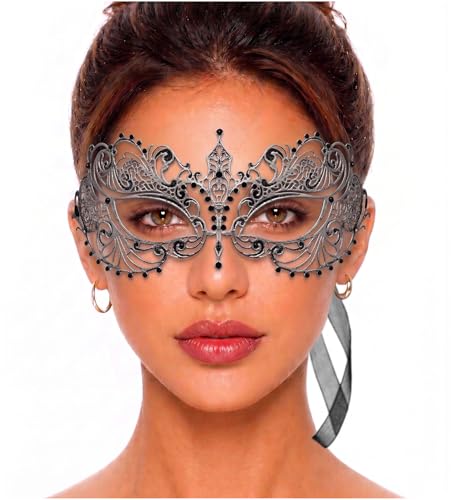 Image of Masquerade Mask for Women with Rhinestones - Elegant Metal Half Face Mask for Masquerade Parties, Mardi Gras, & Themed Events
