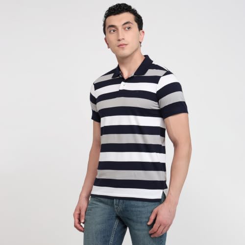 Image of Raymond Men Modern Fit Stripe Pattern Pure Cotton Polo Neck Half Sleeve Casual T-Shirt