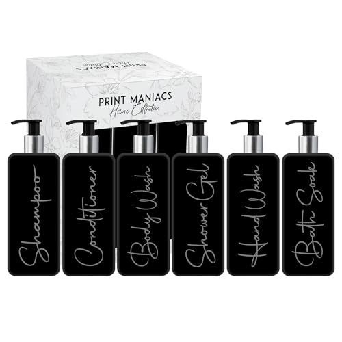 Print ManiacsMrs Hinch Inspired Signature Black 500ml Square Reusable Dispenser Bottle Silver Pump Personalised Bathroom Storage Set F2 (Grey