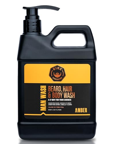 GIBS Grooming - Amber Man Wash (33.8 fl oz) 3-in-1 Beard Hair Body Soap - Citrus Oak Basil Scent - Sulfate Free - Tea Tree Oil Hemp Oil Protein - Mens Body Wash & Mens Shampoo - Made in USA