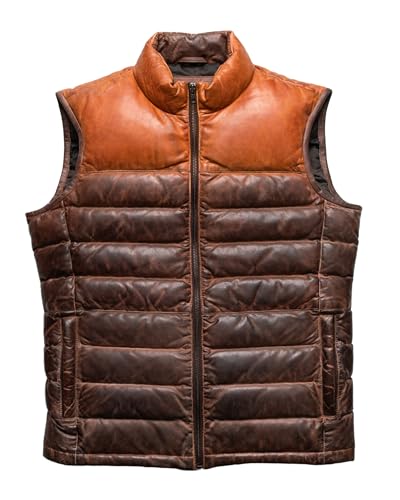 Men's American Style Quilted Puffer Down Vest - Two Tone Tan & Brown Faux And Real Leather Waistcoat