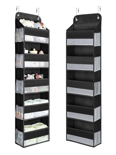Image of Yecaye 1 Pc Over the Door Organizer with 5 Bins 10 Side Pockets, 44lbs Load Hanging Bathroom and Bedroom Organizer, behind the Door Hanging Organizers for Nursery Newborn Baby Essential Stuff Black