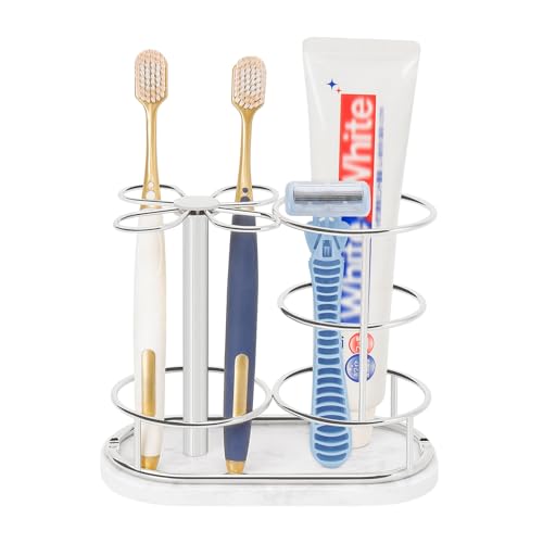 Image of Toothbrush Holder Stand for Bathroom, Metal Toothbrush Organizer with Marble Base, Toothbrush Storage Collection for Family, Suitable for Home Hotel Countertop Vanity (Medium, Chrome Finish)