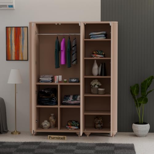 Image of 3 Door Wardrobe Almirah for Bedroom, 72 Inch | Premium HDHMR Wooden Cupboard with Hanging Rod & Storage Compartments | Fluted Push-to-Open Clothes Organizer Cabinet | Taupe Finish