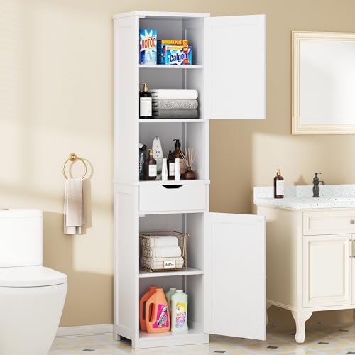 Walsunny Tall Bathroom Storage Cabinet with Freestanding Adjustable Shelves, Narrow