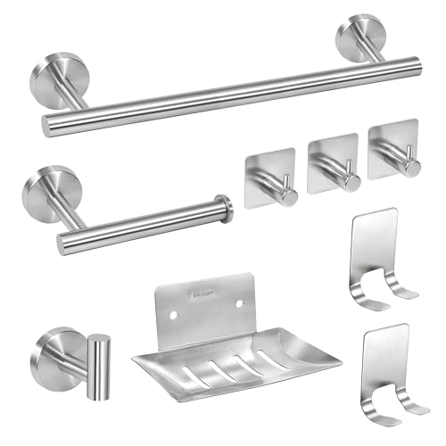Yesaler Juego de Accesorios de Baño de 9 Piezas Acero Inoxidable 40cm Toallero Bar Soporte de Papel Higiénico Gancho para Bata de Toalla Soporte de Jabón (Plata)