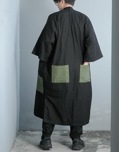 Men\'s Long Cotton Linen Kimono Cardigan Oversized Noragi Jacket Man Haori Summer Yukata Beach Robe (Black - Olive Patchwork)