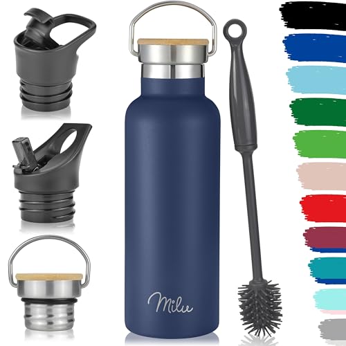 Milu Botella de acero inoxidable 350 ml, 500 ml, 750 ml, 1 l (+3 tapas) – Botella termo con paja, botella de agua, para bebidas calientes, frías y carbonatadas (azul marino, 500 ml)