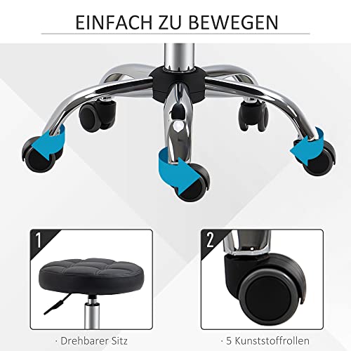 Foto von HOMCOM 2er-Set Rollhocker Drehhocker mit Rädern Arbeitshocker höhenverstellbar drehbar Salon Hocker Salonstühle Kunstleder Schwarz Ø35,5 x 48-63H cm