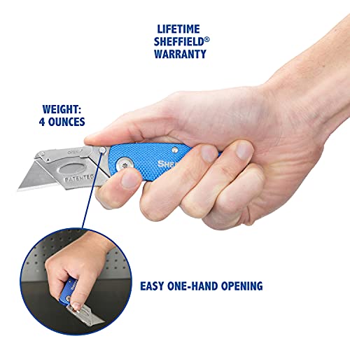 Image of Sheffield Folding Utility Knife, Accepts Standard Utility Knife Blades, Box Cutter Aluminum Handle, Razor Blades Included, For Home, Office, Trades, and Warehouse