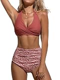 CUPSHE Damen Bikini Set V Ausschnitt Crossover Wickeloptik High Waist Bikini Bademode Blumenmuster Zweiteiliger Badeanzug Swimsuit Ziegelrot/Floral M