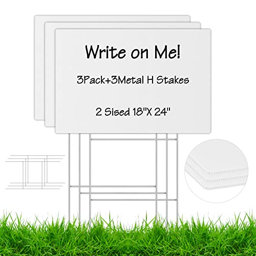 Anzeke Blank Yard Signs With H- Metal Stakes, 3 Pack 18 X 24Inches White Corrugated Plastic Yard Lawn Sign For Party Decorations, Estate,Garage Sale Signs, Rent, Guidepost Decorations,Open House #TOP4