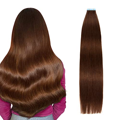 AGMITY Tape in Hair Extensions 100% Real Human Hair Chocolate Brown 16 inches 20pcs 40Gram Invisible Straight Thick Tape in Human Hair Extensions(16 inches #4 Medium Brown)
