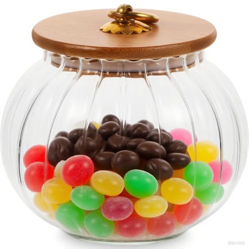 STOBAZA Xmas Glass Candy Jar with Lid 28Oz Pumpkin Shaped Food Storage Canister with Wood Lid, Glass Pumpkin Jar, Decorative Kitchen Storage for Christmas, Halloween