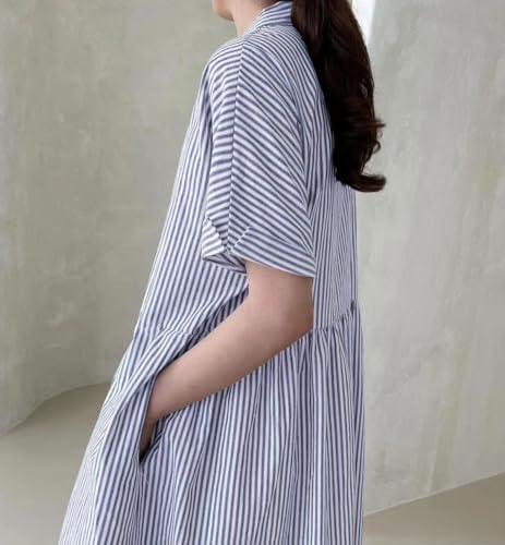 Image of chouyatou Women's Cotton Striped Shirt Dress Button Up Short Sleeve Midi Long Shift Dress with Pockets