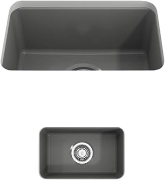 BOCCHI Sotto Dual-Mount Fireclay 12 in. Single Bowl Bar Sink with Strainer in Matte Gray