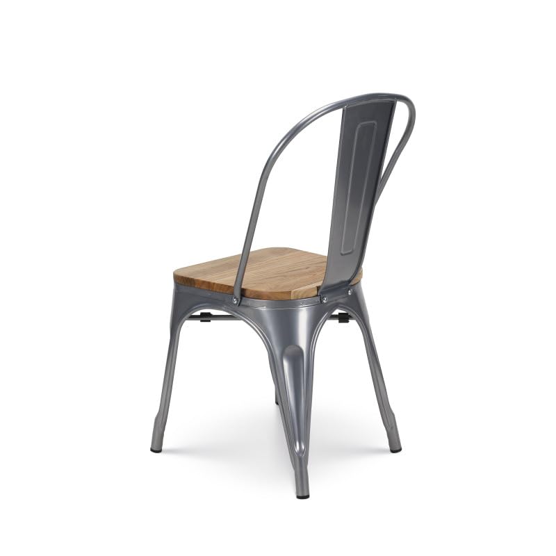 Kosmi - Set di 4 sedie in Metallo Grigio Argento con Seduta in Legno Chiaro - Stile Industriale