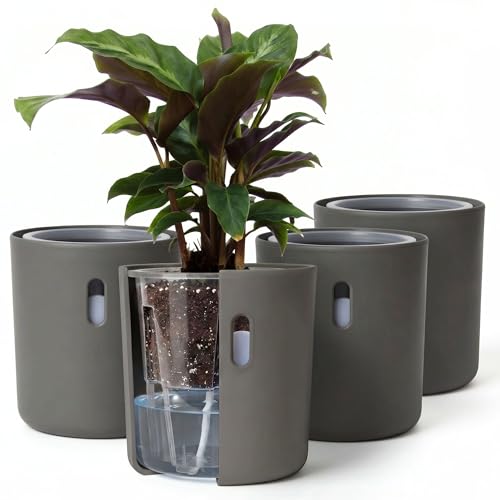 Wavyleaf Self Watering Pot for Leca and Pon Semi Hydroponic Planter for Indoor Plants Clear Inner Pot & Water Level Indicator (Grey (4-Pack) 4 inch)