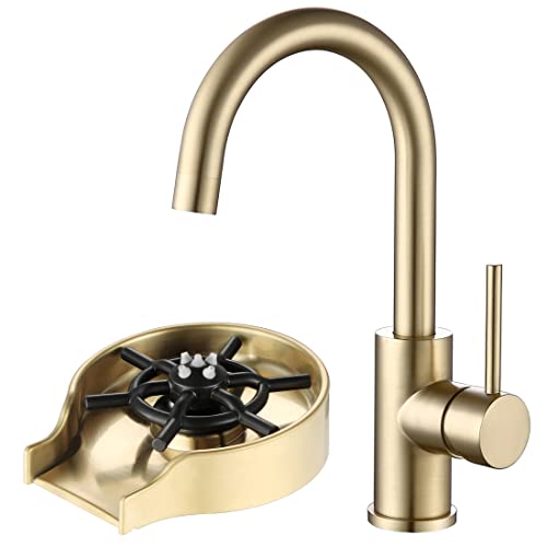 Bar Faucet Brushed Gold With Gold Glass Rinser For Kitchen Sink Single Hole Mounted, Single Handle Bar Sink Faucet And Cup Rinser, Bottle Rinser For Sink #TOP5