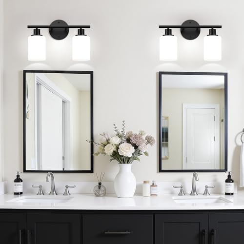 Image of Zarbitta 2-Light Bathroom Light Fixtures,Black Modern Vanity Lights with Milky White Frosted Glass Shades,Bathroom Wall Lamp for Mirror Kitchen Living Room Hallway Cabinet Porch