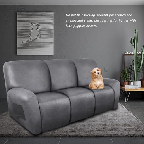 Image of molasofa Recliner Sofa Covers - 8 Pieces Stretch Leather Like Large Couch Covers for 3 Seats Reclining Slipcovers Soft Jacquard Pattern Furniture Protector with Elastic Bottom (Grey)