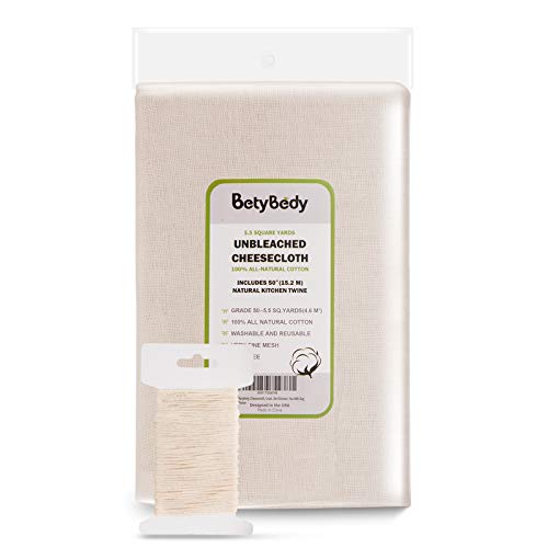 BetyBedy Cheesecloth, Grade 50 (5.5 Yards/49.5 Sq. Feet) Unbleached Cotton Fabric with 50 Feet Cooking Twine, Washable and Reusable Strainer for Cheesemaking, Food Filter/ Strainer, Nut Milk Bag