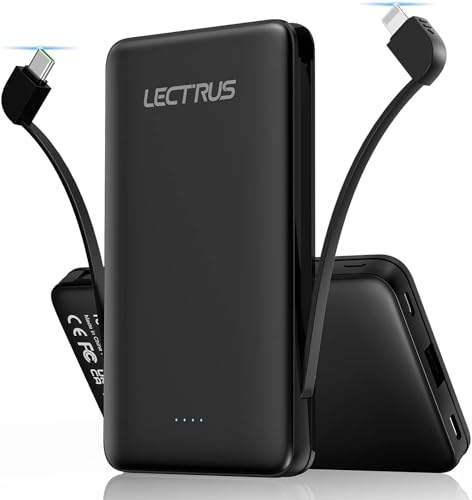 Lectrus 10000mAh Power Bank, 22.5W Fast Charging Portable Charger with Built-in Cables for iPhone 16/15/14/13, Samsung, iPad - Slim & Lightweight Powerbank, USB C Input/Output, Travel Battery Pack