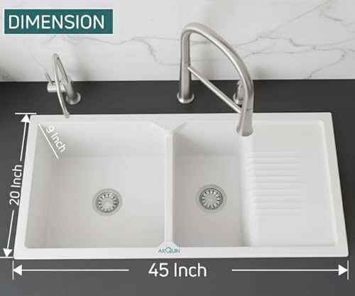 Image of ARQUIN Double Bowl Quartz With Drainboard Kitchen Sink 45x20x9 Inch | Undermount,Topmount | Including Coupling,Sink Connector,Waste Pipe & Fruit Washing Basket