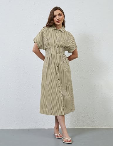 Women Button Front Pleated Shirt Maxi Dress Summer Striped Prints Short Sleeve Collar Casual Long Dresses2