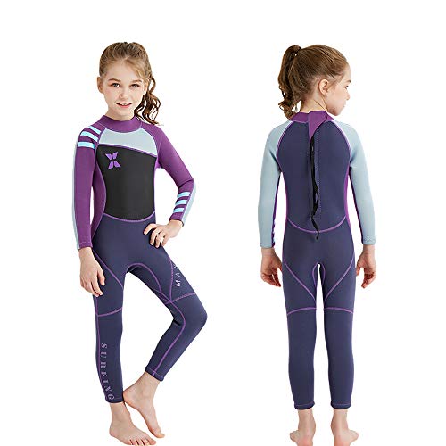 DIVE & SAIL Kids Wetsuit,Thermal Full Wetsuit 2.5mm Neoprene One Piece Long Sleeve Wet Suits Full Swimsuit for Girls Boys and Toddler (Blue Purple XL)