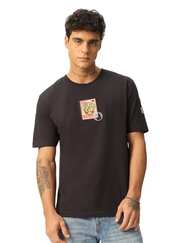 Image of The Souled Store S.W.Smiley: Happy Desi Men and Boys Short Sleeve Round Neck Charcoal Grey Embroidered Cotton Relaxed Fit Breathable Summer Streetwear Graphic Print Indian Styled T-Shirts