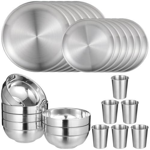 24 PCS Stainless Steel Dinnerware Set Includes 12PCS 6.7 & 10.2 in Plates 6 Pieces Bowls and 6 Pieces Cups 304 Reusable Camping Mess Kits for Home Kitchen Dorm and Outdoor Picnic (Silver)