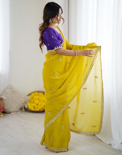 Image of SIRIL Women's Tissue Silk Scalloped Border Embroidery Saree with Unstitched Blouse Piece