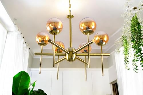 Image of Prop It Up Modern Sputnik Chandelier, 6-Light Brass Pendant Light with Amber Glass Globe Shades, Without Bulbs