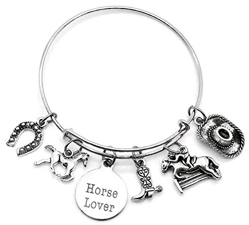 Horse Bracelet, Horse Jewelry, Cowgirl Bracelet, Cowgirl Jewelry, Cowboy Hat Charm, Cowboy Boot Charm, Horse Riding Charm, Gift for Horse Lover, Cowgirl Bangle Bracelet (Diameter: 5.8cm   2.28 inches)