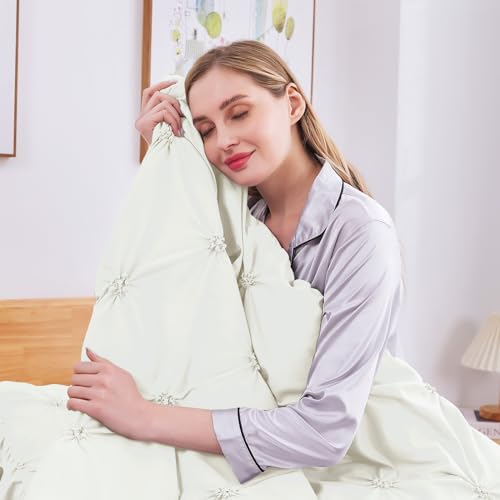 JOLLYVOGUE Ivory King Size Comforter Sets 7 Pieces, Pintuck Bed in a Bag Comforter Set for Bedroom, Bedding Comforter Sets with Comforter, Sheets, Ruffled Shams & Pillowcases
