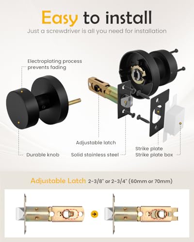 Image of Goldenwarm Black Door Knobs Passage, Zinc Alloy Keyless Matte Black Door Knobs Interior for Hallway & Closet & Living Room, Non-Locking Function, Adjustable & Reversible (2 Pack)