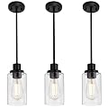 MELUCEE Kitchen Island Pendant Lighting 3 Pack Adjustable Black Hanging Ceiling Lamp with Clear Glass Shade for Bar Dining Room Corridor Living Room Bedside, 1-Light