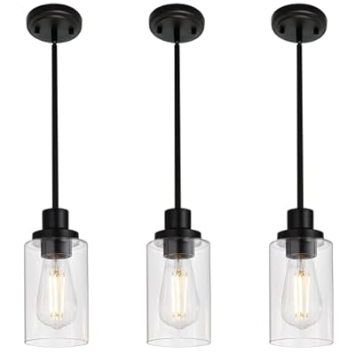 MELUCEE Kitchen Island Pendant Lighting 3 Pack Adjustable Black Hanging Ceiling Lamp with Clear Glass Shade for Bar Dining Room Corridor Living Room Bedside, 1-Light