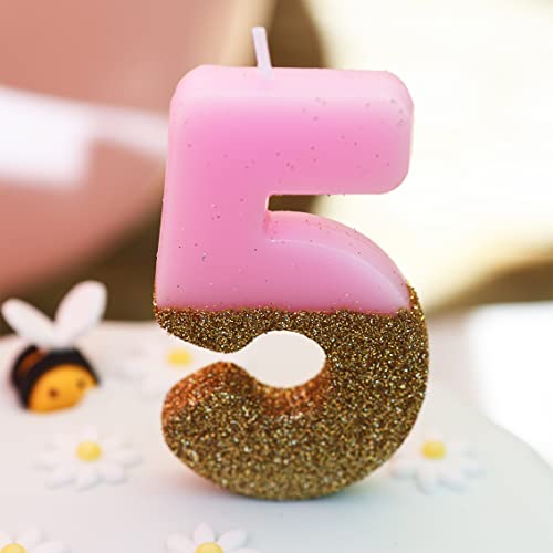 Talking Tables Pink Number 5 Candle With Gold Glitter Premium Quality Cake Topper Decoration For Kids, Adults, 50Th Birthday Party, Anniversary, Milestone Age, Height 8Cm, 3" #TOP1