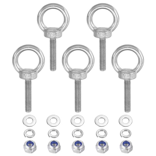 PATIKIL M6 x 30mm Lifting Shoulder Eye Bolt, 5Pcs 304 Stainless Steel Lifting Ring Threaded Eyebolt with Nuts Washers for Hanging Hammocks Articles